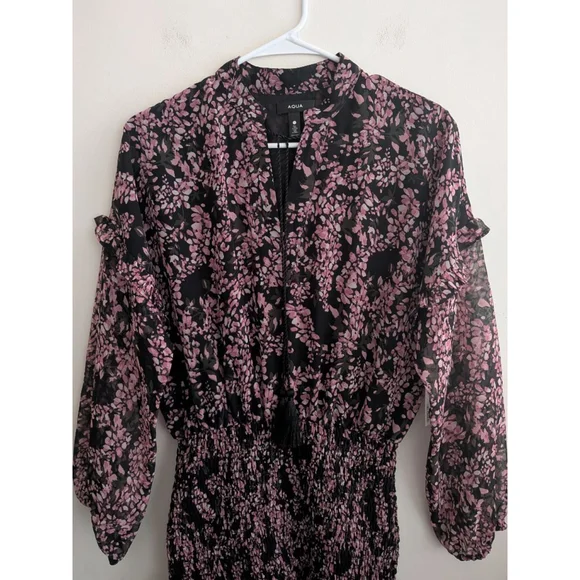 Women's AQUA Black Pink Floral Smocked Mini Dress S - Picture 6 of 9